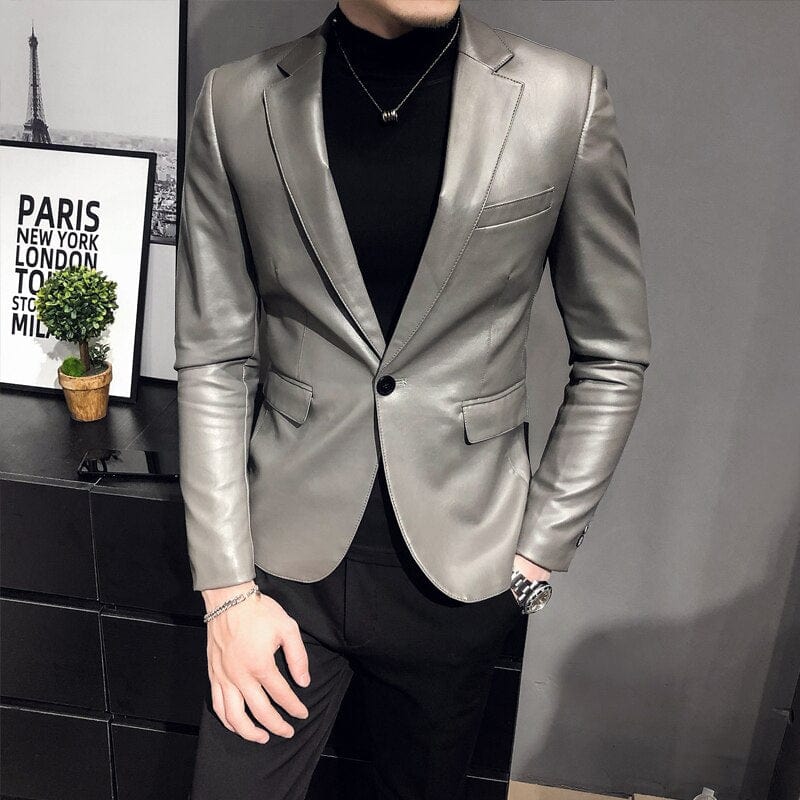 Costum bărbați Blazer negru slim fit Hombre Jachetă din piele PU Bărbați cu un singur buton Business Casual Balul costum coreean