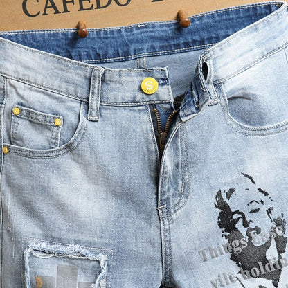 3D character art printed men's light blue comfortable denim shorts  summer new youth must-have fashion slim jeans shorts