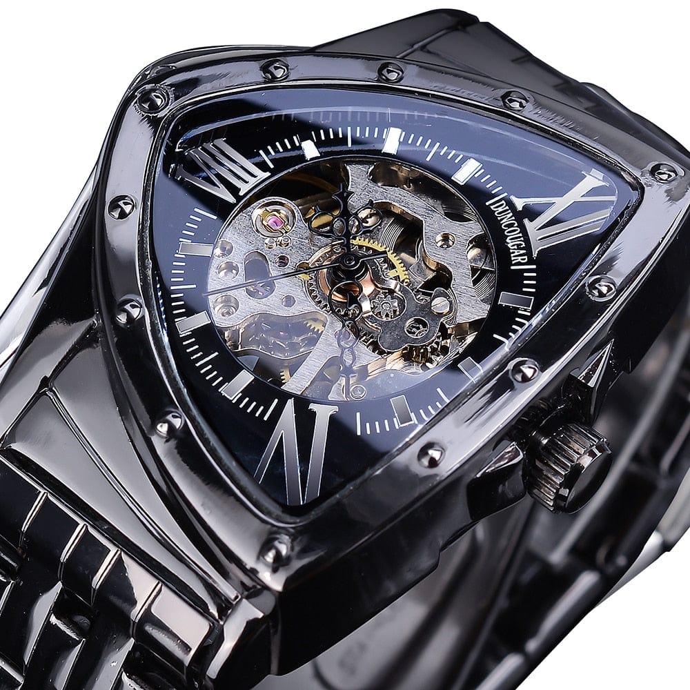 Triangular Watches DUNCOUGAR Triangle Skeleton Black Automatic Watch Stainle ...