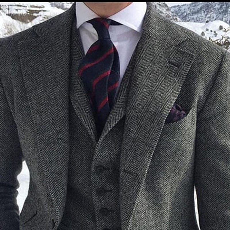 Costume de bărbați din tweed de lână gri pentru nuntă de iarnă Tuxedo de mire formal 3 piese Set de modă masculină în oase de pește Jachetă Vestă cu pantaloni