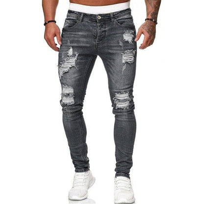 Mens Ripped Skinny Jeans Blue Slim Fit Hole Pencil Pants Casual Biker Trousers Streetwear  High Quality Denim Man Clothing