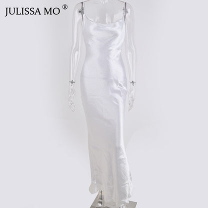 JULISSA MO Sexy Spaghetti Strap Backless Summer Dress Women Satin Lace Up Trumpet Long Dress Elegant Bodycon Party Dresses