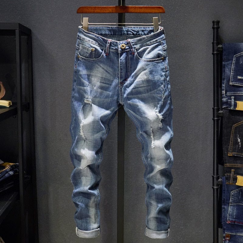 Blugi rupți bărbați, slim fit, albastru deschis, stretch, îmbrăcăminte de stradă, uzați hip hop, blugi casual, denim, pantaloni, pantaloni pentru bărbați