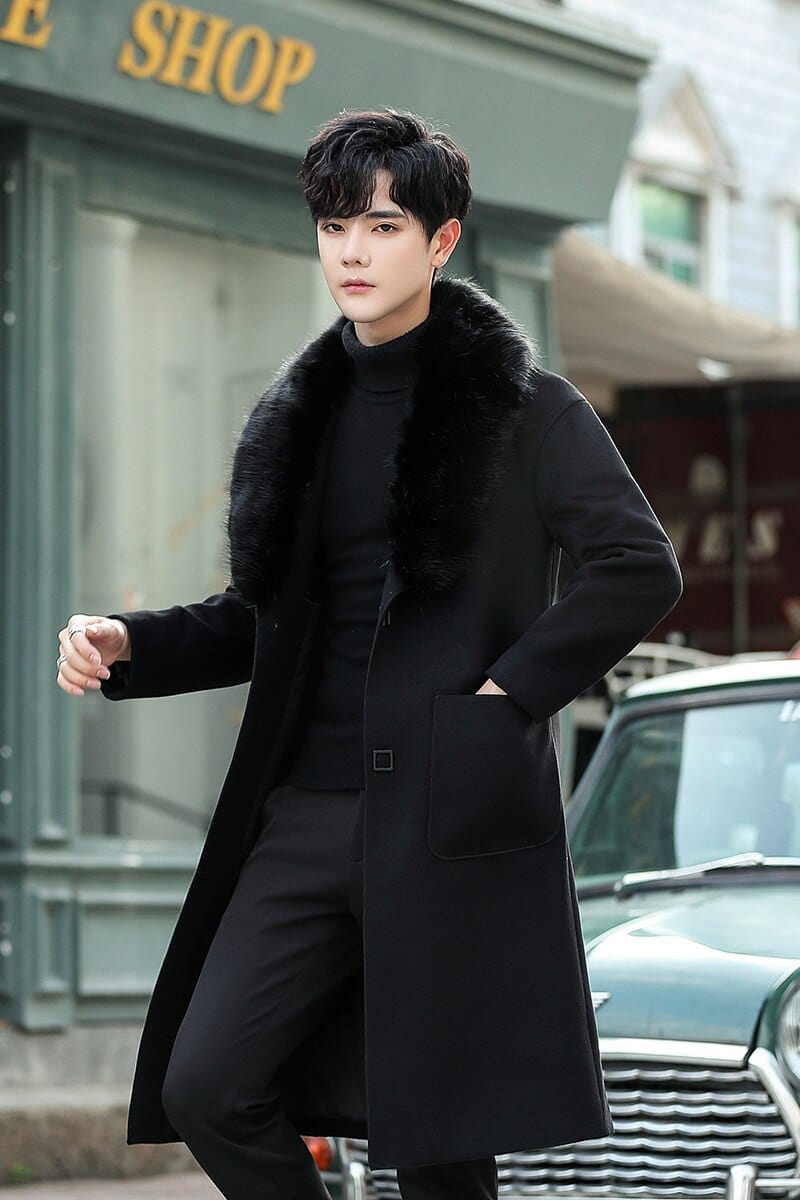 5XL Large Size Luxury Big Fur Claret Overcoats Mens Black Long Trench Coats For Mens Vintage Winter Coats Burgundy Warm Grey New