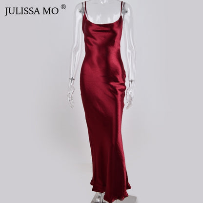 JULISSA MO Sexy Spaghetti Strap Backless Summer Dress Women Satin Lace Up Trumpet Long Dress Elegant Bodycon Party Dresses