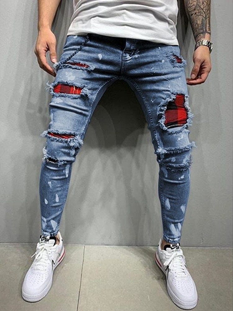 New Men's Slim-Fit Ripped Jeans Men's Painted Jeans Patch Beggar Pants Jumbo Men's Hip Hop Pants Size S-4XL