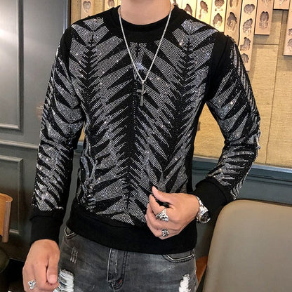 Autumn Winter New Fashion Brand Men's Tee Shirt Homme Personalized Trend Hot Drilling Tiger Head Men's Heavy Industry Tshirt Men