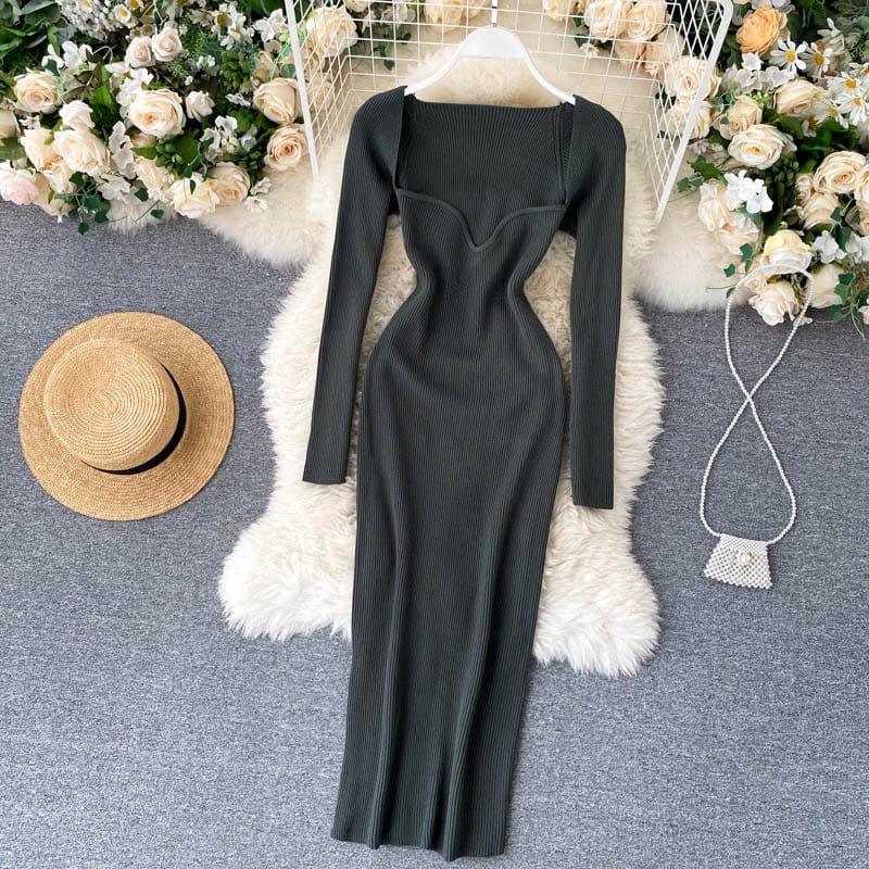 Croysier Dresses For Women 2021 Sexy Strapless Ribbed Knitted Bodycon Dress Women Winter Long Sleeve Midi Sweater Dress Clothes