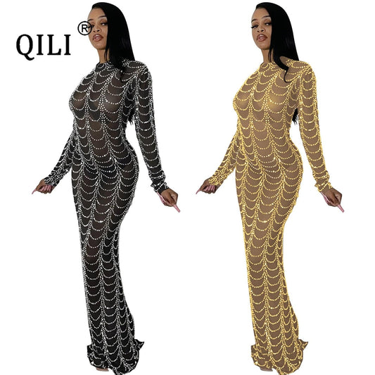 QILI Sexy See Through Mesh Diamonds Dress Full Sleeve Nightclub Hot Drilling Mesh See-through Long-sleeved Dress Black Gold