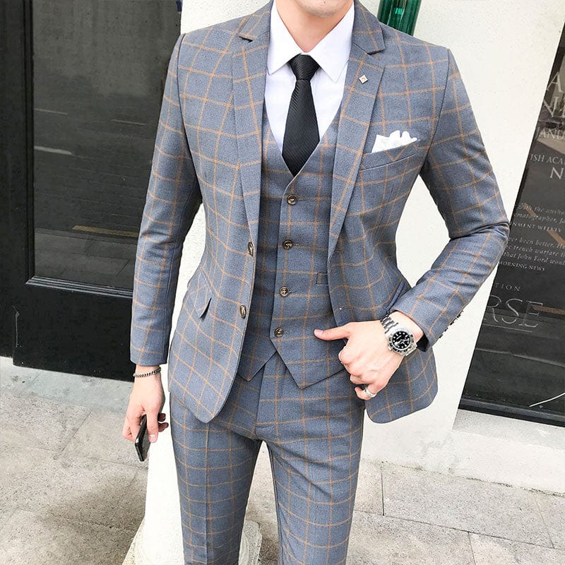 Men Dress Blazers Pants Vest 3 Piece Set / Male Wedding New 2022 Autumn Business Formal Plaid Suit Luxury Slim Fit Coat Trousers