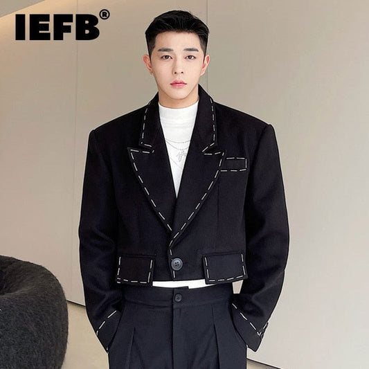 IEFB Menswear Temperament Topstitched Design Short Blazers Loose Notched Single Button Woolen Suit Jacket Autumn Winter 2022 New