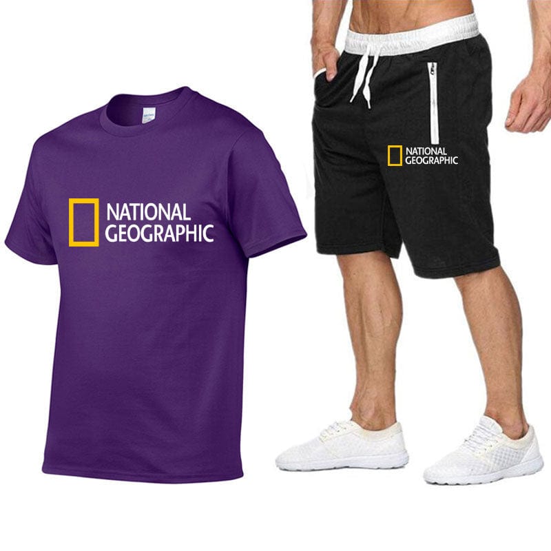 National Geographic Tracksuit Sets Men's Casual Brand Fitness Sweatshirt Two-piece T-shirt Shorts Men's Hip Hop Fashion Clothing