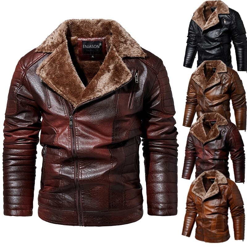 Men  Autumn New Brand Casual Motor Distressed Leather Jacket Coat Men Winter Vintage Outwear Fleece Faux Leather Jackets Men