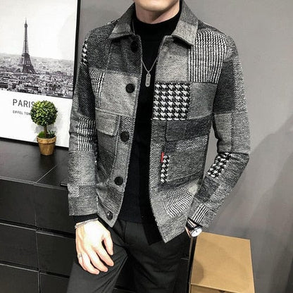 Autumn and Winter Fashion New Men's Casual Lapel Hoodless Jacket / Male Slim Plaid Woolen Coat