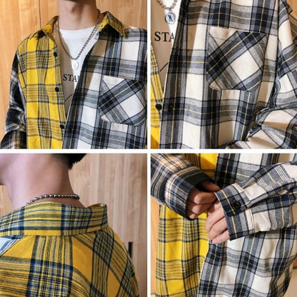 LAPPSTER Men Oversized Cotton Plaid Shirt  Man Hip Hop Patchwork Button Up Long Sleeve Shirt Couple Korean Harajuku Clothing