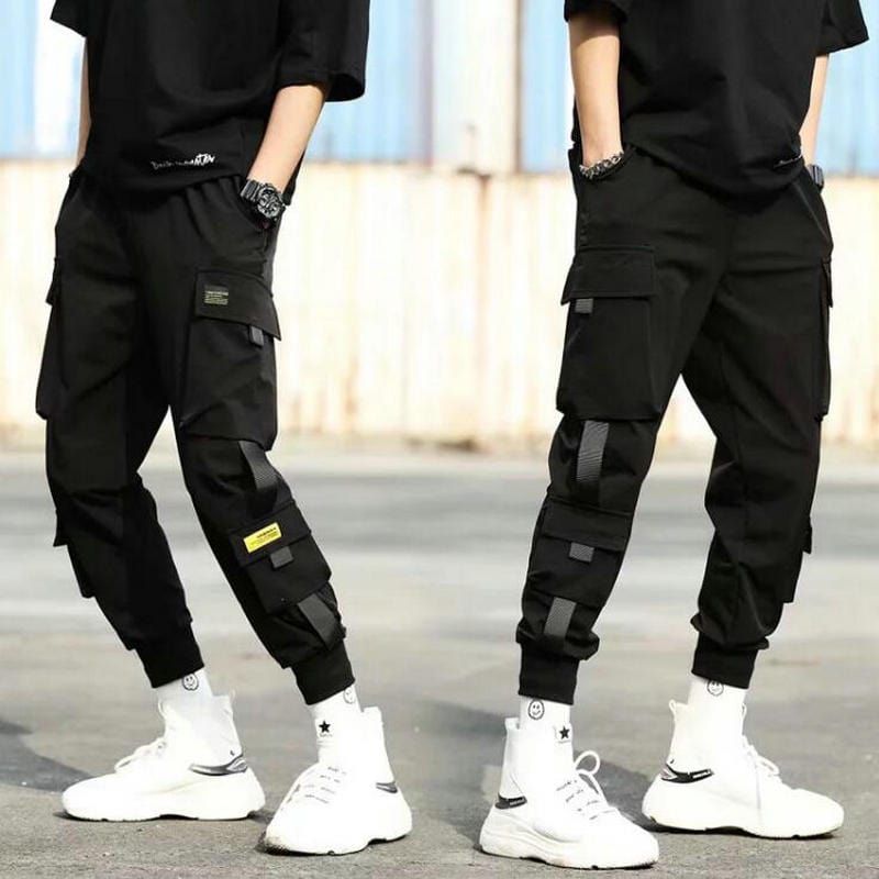 Streetwear Hip Hop Pantaloni harem negri pentru bărbați Pantaloni punk cu talie elastică cu panglici Pantaloni de jogger subțiri ocazional Pantaloni hip hop pentru bărbați