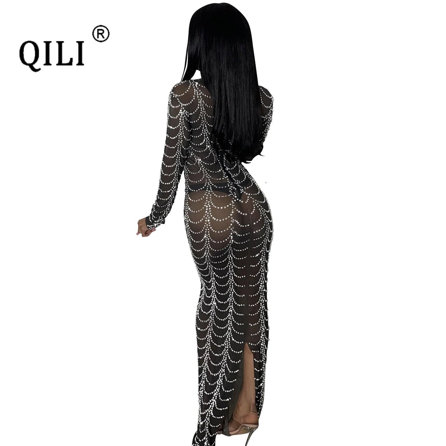 QILI Sexy See Through Mesh Diamonds Dress Full Sleeve Nightclub Hot Drilling Mesh See-through Long-sleeved Dress Black Gold