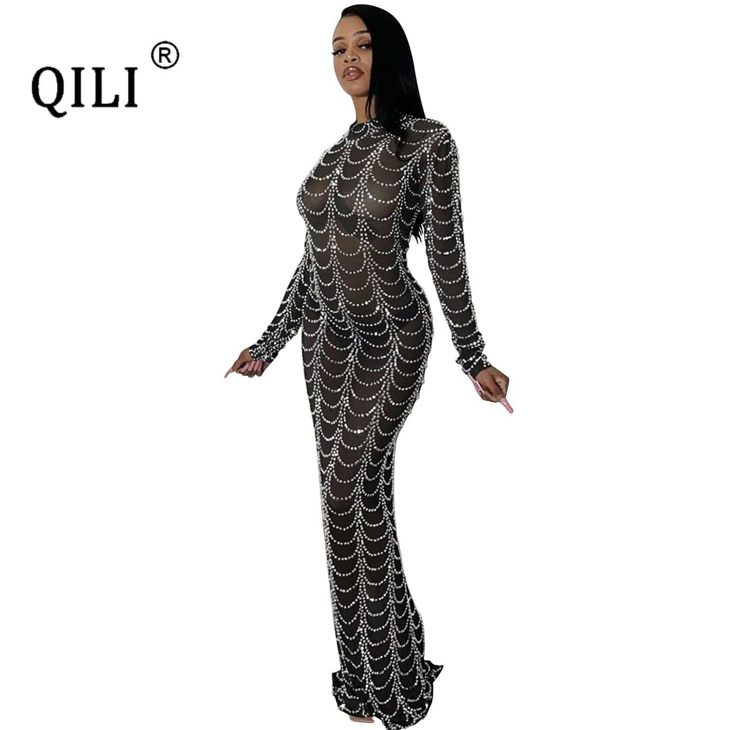 QILI Sexy See Through Mesh Diamonds Dress Full Sleeve Nightclub Hot Drilling Mesh See-through Long-sleeved Dress Black Gold