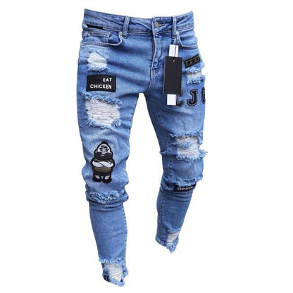 New Men's Slim-Fit Ripped Jeans Men's Painted Jeans Patch Beggar Pants Jumbo Men's Hip Hop Pants Size S-4XL