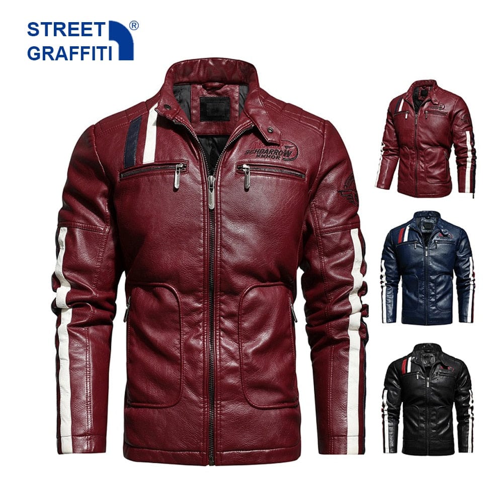 Mens Motorcycle Jacket  Autumn Winter Men New Faux PU Leather Jackets Casual Embroidery Biker Coat Zipper Fleece Male Jacket