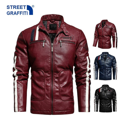 Mens Motorcycle Jacket  Autumn Winter Men New Faux PU Leather Jackets Casual Embroidery Biker Coat Zipper Fleece Male Jacket