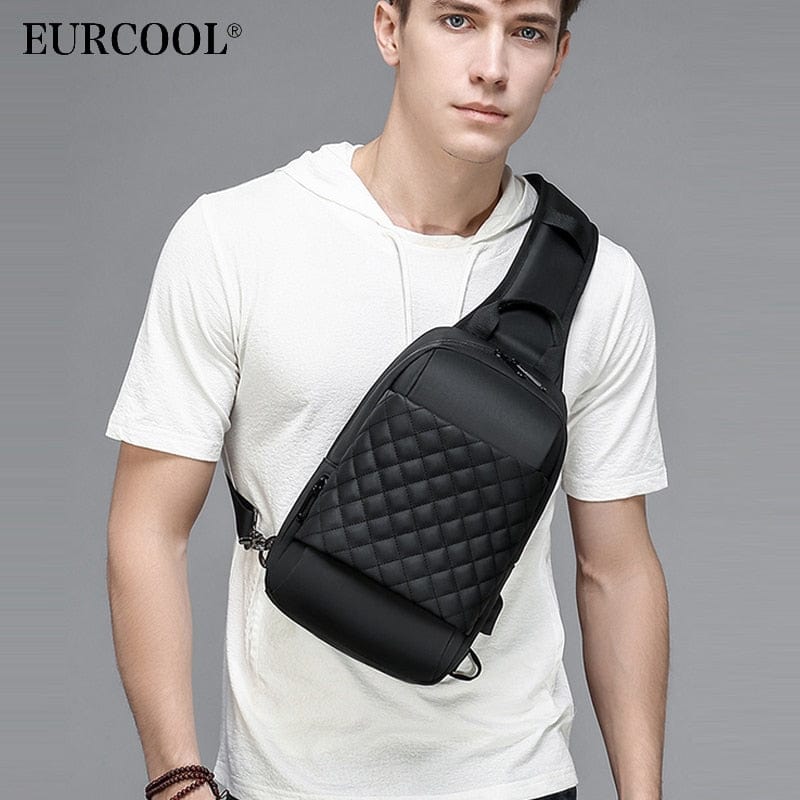 EURCOOL Messenger Bag for Men Black Crossbody Bags men for 7.9&quot; iPad Waterproof Shoulder Bag USB Charging Chest Pack n1903