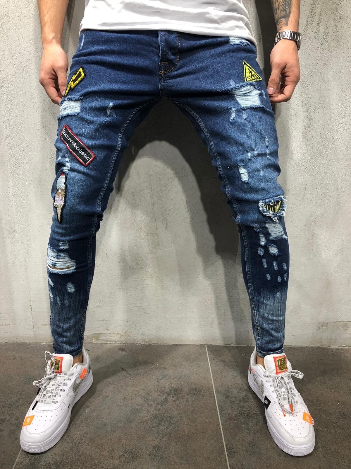 Moda New Bărbați gaură insignă broderie pantaloni denim pantaloni Streetwear bărbați hiphop skinny Casual Patch Jeans