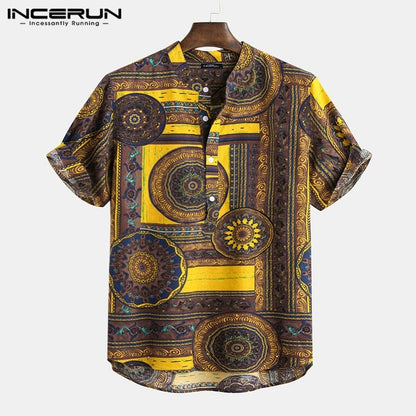 Men Shirt Ethnic Style Print Short Sleeve Stand Collar Camisa Masculina Casual Tops Streetwear Men Hawaiian Shirts  INCERUN