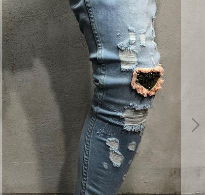 Fashion New Male hole badge embroidery denim trousers pants Men's streetwear hiphop skinny Casual Patch Jeans