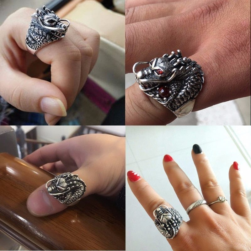 ZABRA 100% Solid 925 Sterling Silver Dragon Red Zircon Eye Domineering Men Ring Vintage Punk Retro Big Gothic Ring Men Jewelry