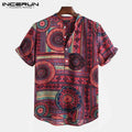 Men Shirt Ethnic Style Print Short Sleeve Stand Collar Camisa Masculina Casual Tops Streetwear Men Hawaiian Shirts  INCERUN