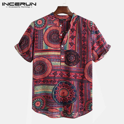 Men Shirt Ethnic Style Print Short Sleeve Stand Collar Camisa Masculina Casual Tops Streetwear Men Hawaiian Shirts  INCERUN