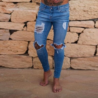 Wihte Men Knee Ripped Holes Skinny Destroyed Jeans Fashion Slim Fit Hip hop Mens Streetwear Cotton High quality Joggers Jeans