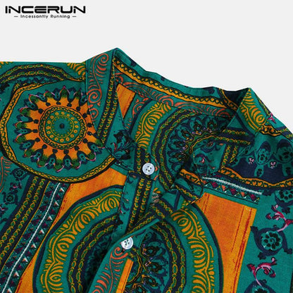 Men Shirt Ethnic Style Print Short Sleeve Stand Collar Camisa Masculina Casual Tops Streetwear Men Hawaiian Shirts  INCERUN