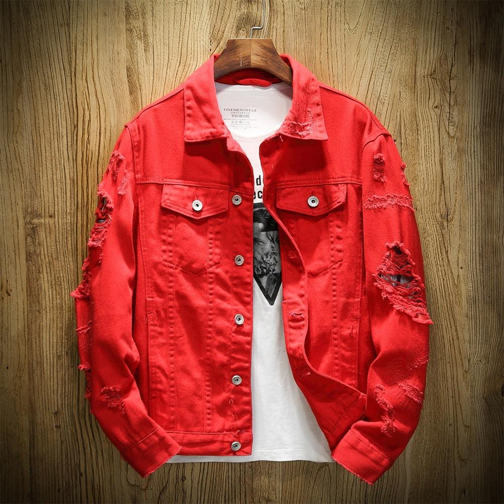 2022 Autumn New Men&#39;s Jean Jacket Slim Fit Cotton Denim Jacket Red White Black Ripped Hole Jean Coats Men Outwear Youth Men 5XL