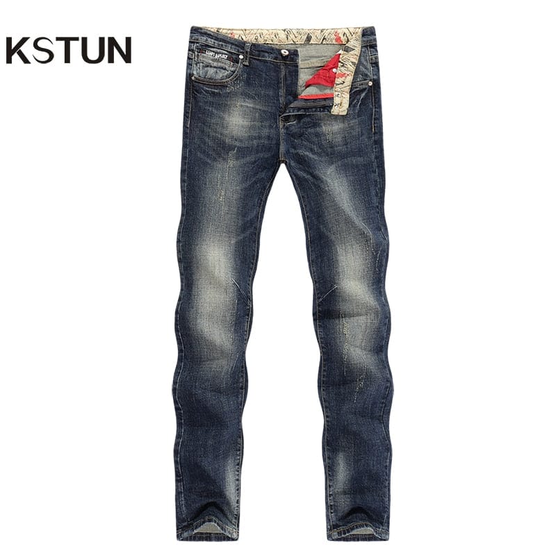 KSTUN Jeans Men New Arrivals Autumn Winter Direct Straight Retro Blue Stretch Vintage Casaul Streetwear Moto Biker Jeans Size 40