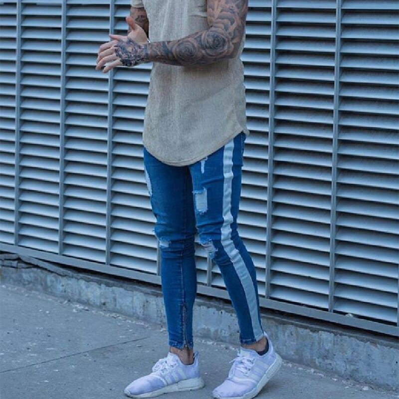 Blugi skinny bărbați Hip Hop cu dungi elastice, slim fit, pantaloni din denim, pantaloni elastici pentru bărbați, blugi, cu găuri rupte, pe genunchi