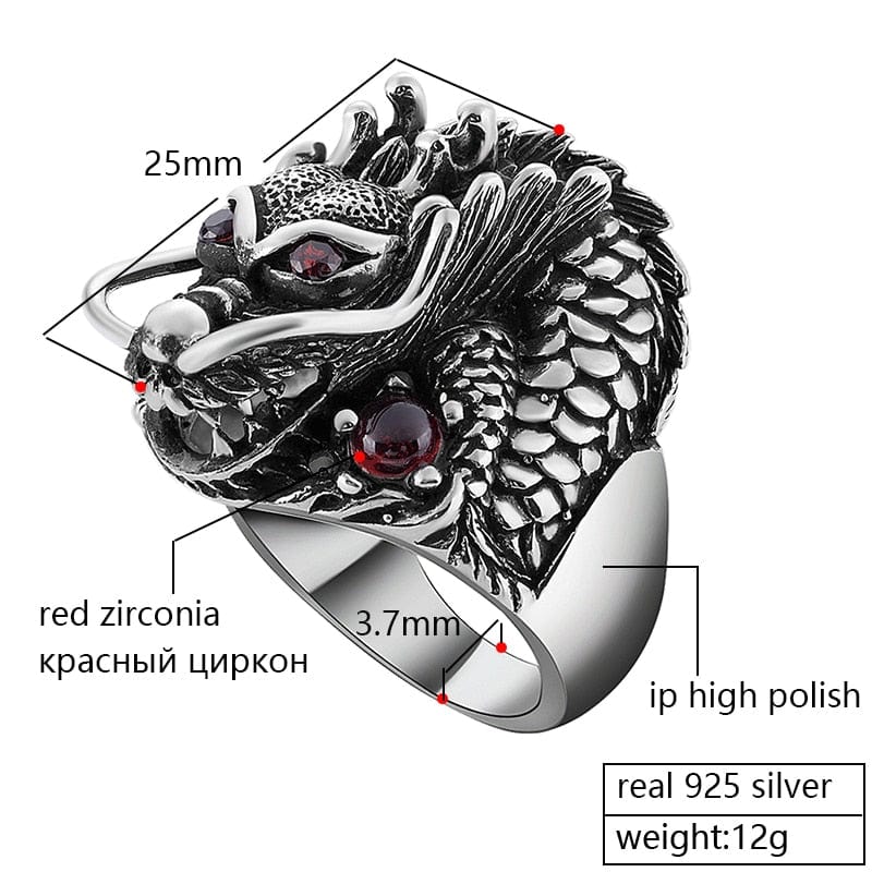 ZABRA 100% Solid 925 Sterling Silver Dragon Red Zircon Eye Domineering Men Ring Vintage Punk Retro Big Gothic Ring Men Jewelry