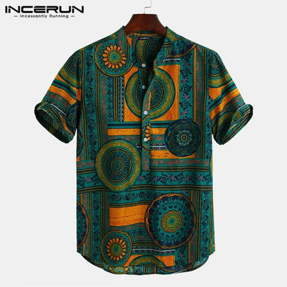 Men Shirt Ethnic Style Print Short Sleeve Stand Collar Camisa Masculina Casual Tops Streetwear Men Hawaiian Shirts  INCERUN