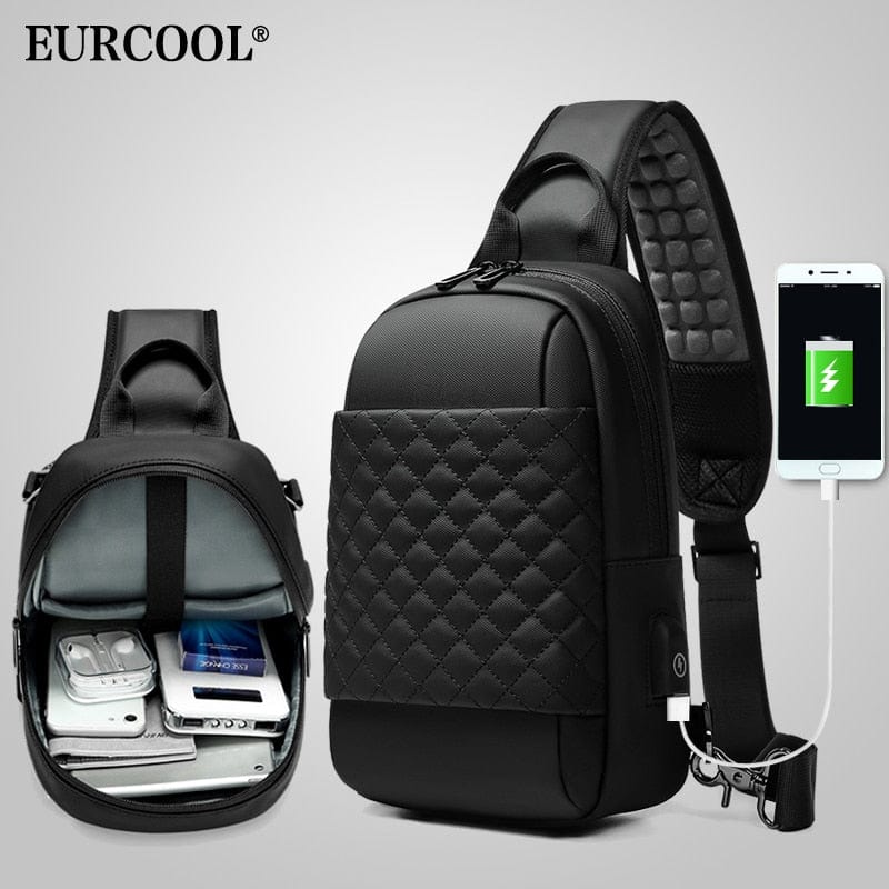 EURCOOL Messenger Bag for Men Black Crossbody Bags men for 7.9&quot; iPad Waterproof Shoulder Bag USB Charging Chest Pack n1903