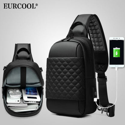 EURCOOL Messenger Bag for Men Black Crossbody Bags men for 7.9" iPad Waterproof Shoulder Bag USB Charging Chest Pack n1903