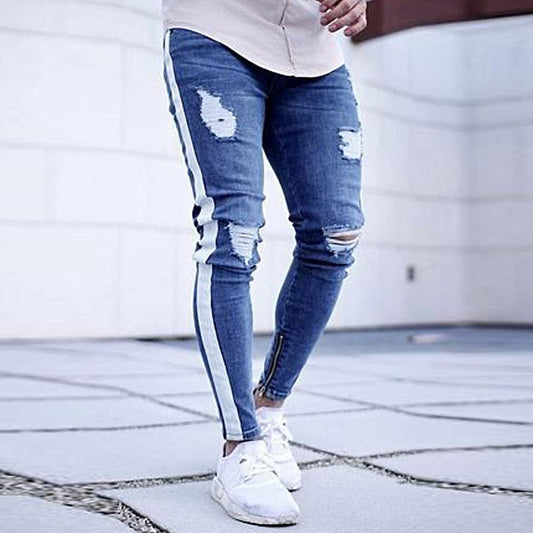 Blugi skinny bărbați Hip Hop cu dungi elastice, slim fit, pantaloni din denim, pantaloni elastici pentru bărbați, blugi, cu găuri rupte, pe genunchi