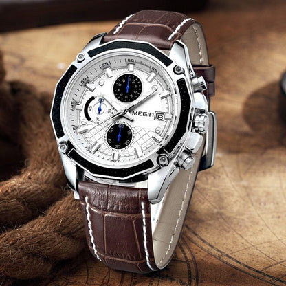 MEGIR Official Quartz Men Watches Fashion Genuine Leather Chronograph Watch Clock for Gentle Men Male Students Reloj Hombre 2015