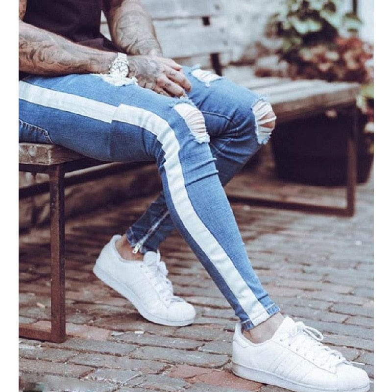 Blugi skinny bărbați Hip Hop cu dungi elastice, slim fit, pantaloni din denim, pantaloni elastici pentru bărbați, blugi, cu găuri rupte, pe genunchi