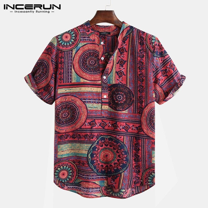 Men Shirt Ethnic Style Print Short Sleeve Stand Collar Camisa Masculina Casual Tops Streetwear Men Hawaiian Shirts  INCERUN