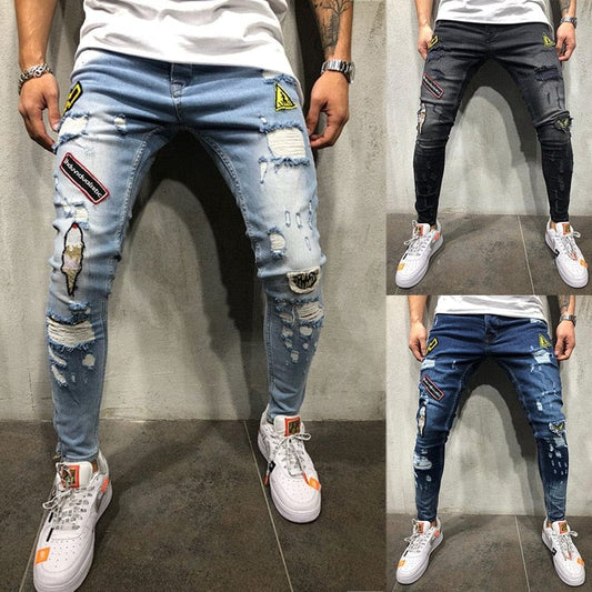 Fashion New Male hole badge embroidery denim trousers pants Men&#39;s streetwear hiphop skinny Casual Patch Jeans