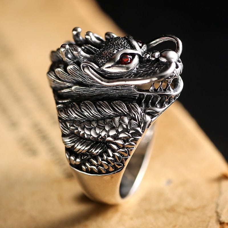 ZABRA 100% Solid 925 Sterling Silver Dragon Red Zircon Eye Domineering Men Ring Vintage Punk Retro Big Gothic Ring Men Jewelry