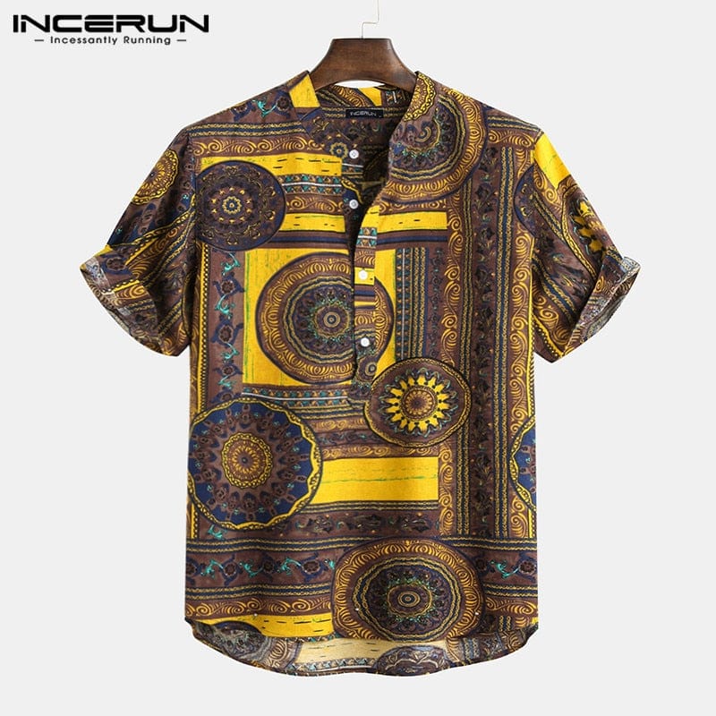 Men Shirt Ethnic Style Print Short Sleeve Stand Collar Camisa Masculina Casual Tops Streetwear Men Hawaiian Shirts  INCERUN