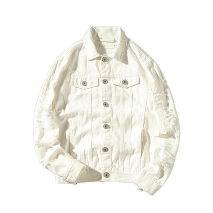 Autumn New Men's Jean Jacket Slim Fit Cotton Denim Jacket Red White Black Ripped Hole Jean Coats Men Outwear Youth Men 5XL