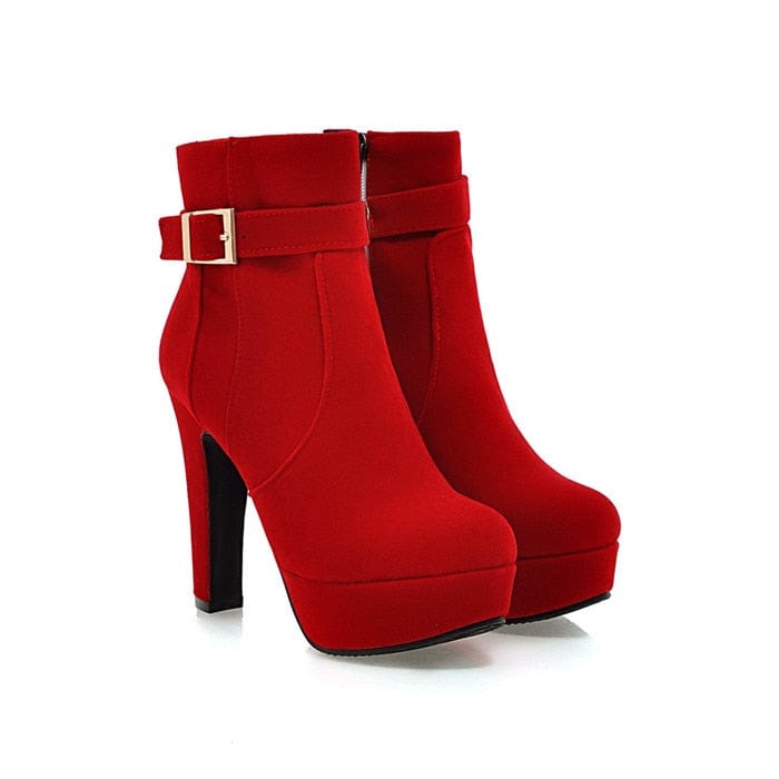 Meotina Female Boots Women Boots Winter Buckle Super High Heel Ankle Boots Zipper Platform Thick Heel Short Shoes Lady Red 33-43